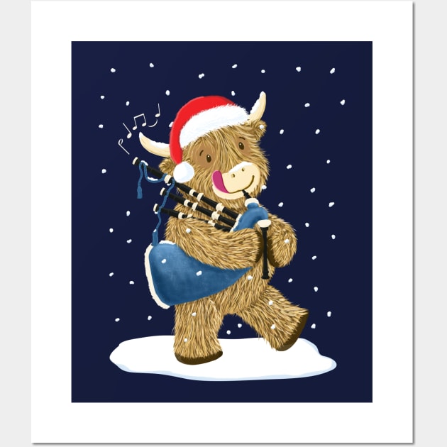 Scottish Highland Cow Piper Plays Bagpipes In Christmas Snow Wall Art by brodyquixote